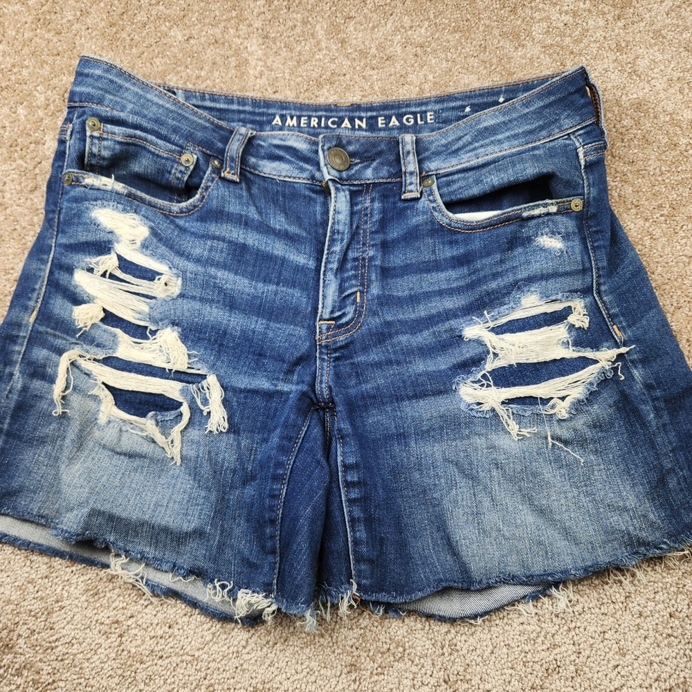 American Eagle Midi Distressed Denim Shorts Medium Wash Ne(x)t Level Stretch 6‎